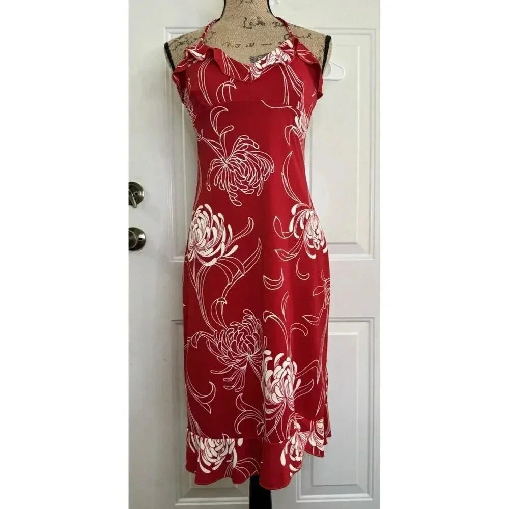 LA BELLE Vintage Dress White Red Floral Print Y2K 90s USA Romantic Ruffle Medium